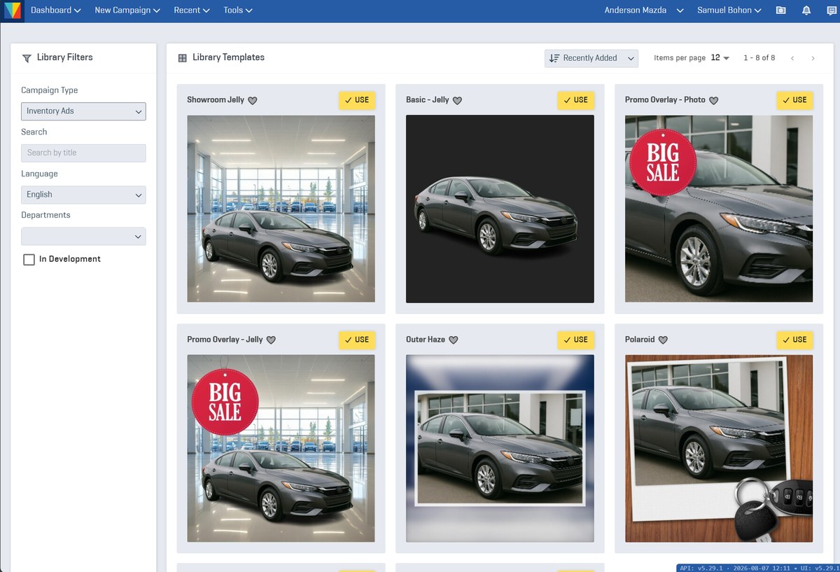 The ad template library, filtered to inventory campaigns