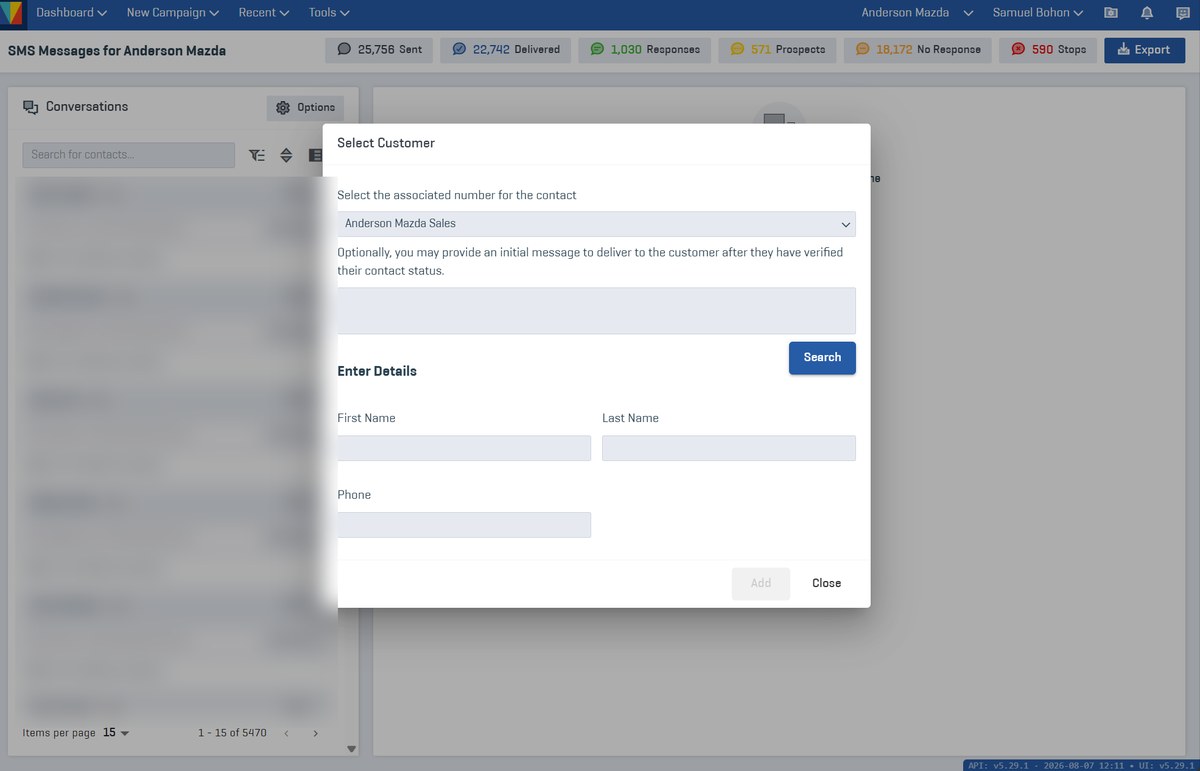 Two-way SMS inbox — sent, delivered, responses and opt-outs at the top