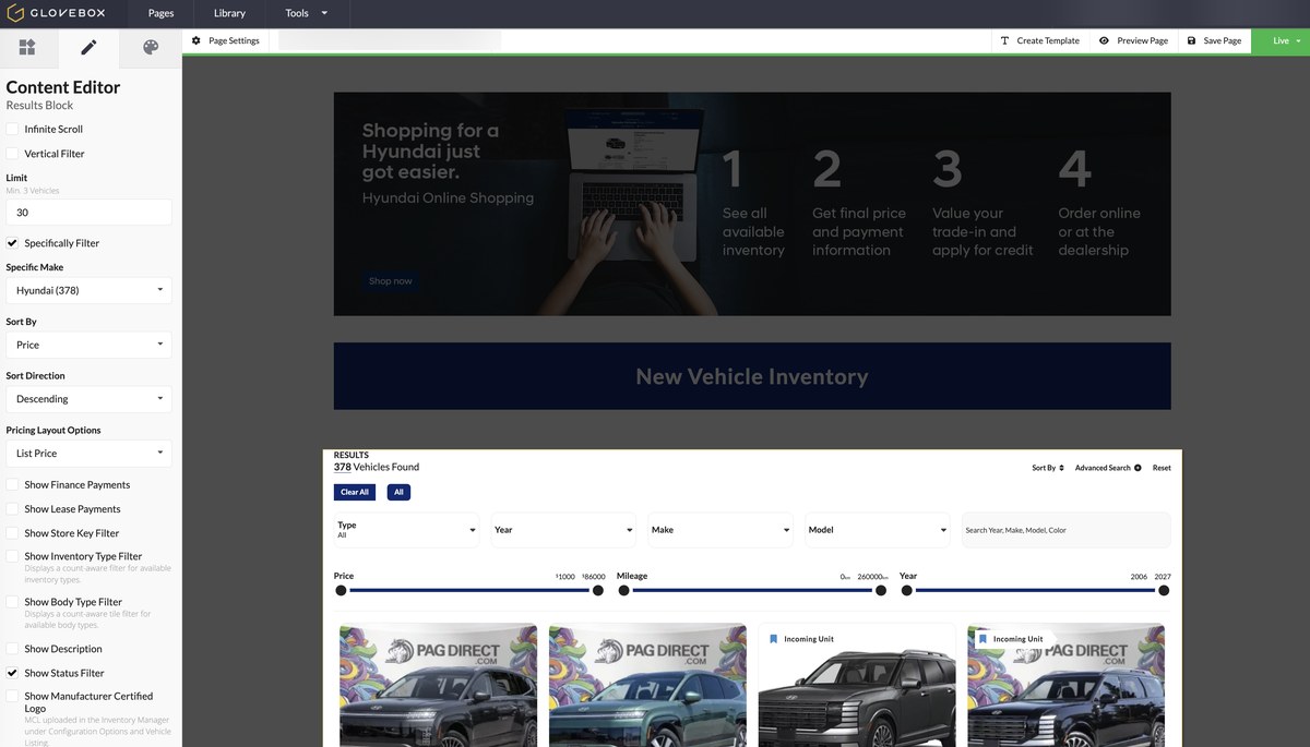 Content Editor — configure an inventory results block and watch the page render as you change it