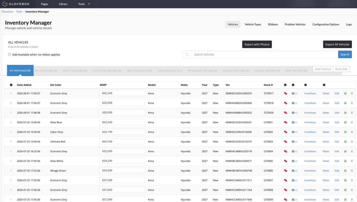Inventory Manager — every vehicle in stock, with MSRP, VIN and stock number editable in place