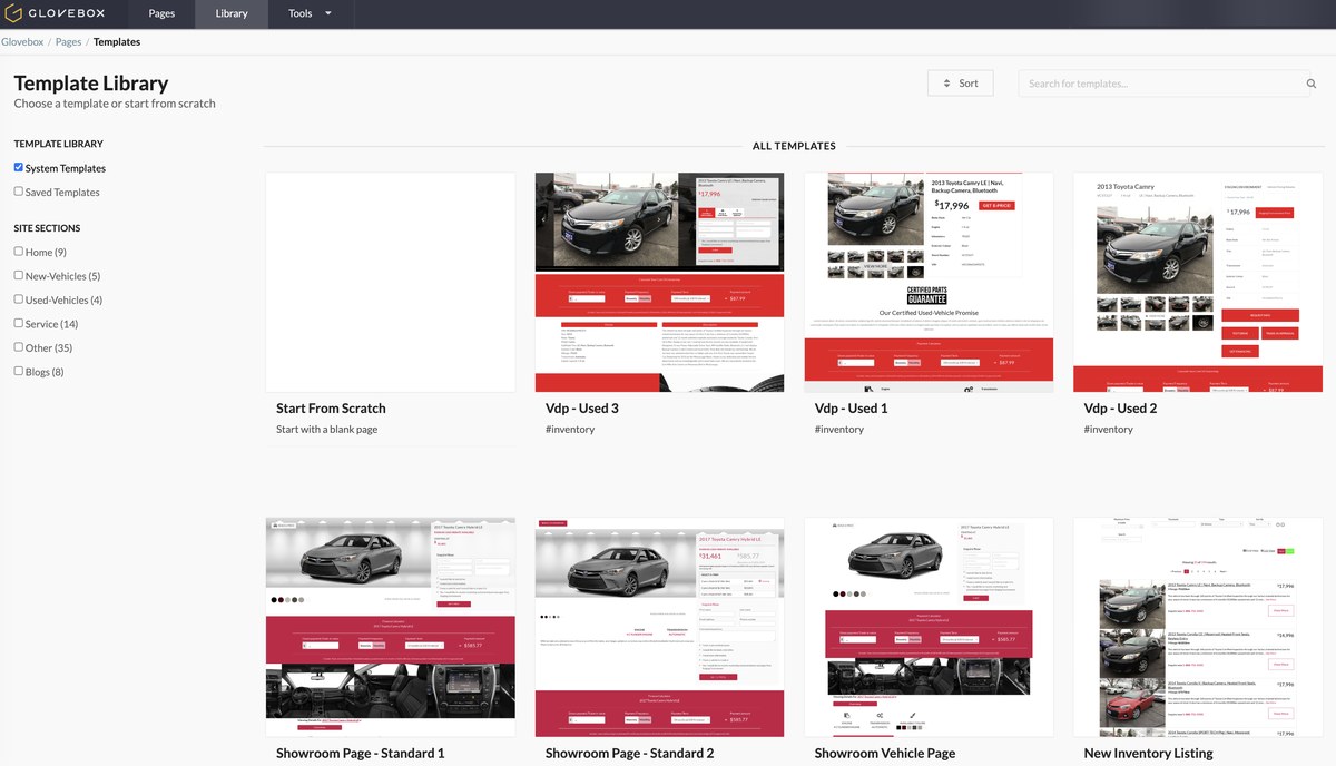 Template library — start from a system template or from scratch, filtered by site section